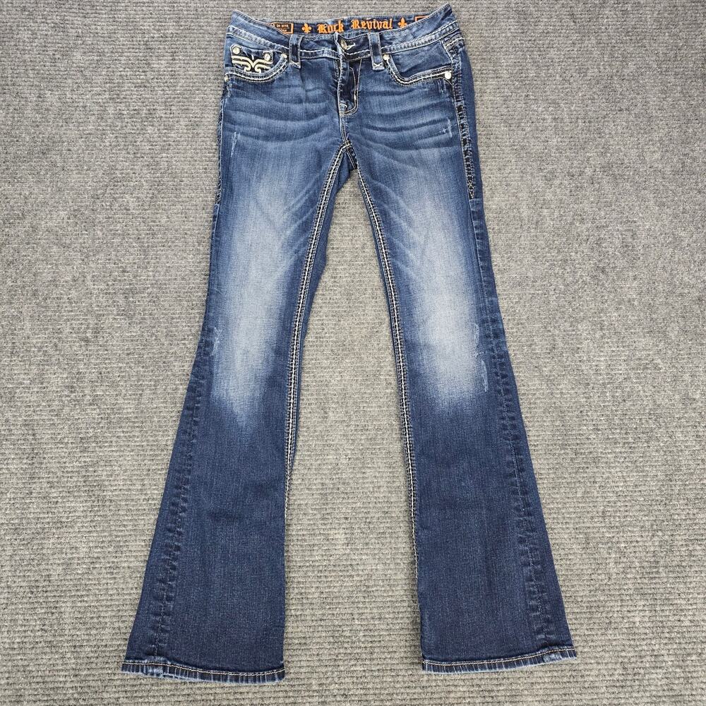 Rock Revival Kai Boot Jean Women 28x31 Blue Fleur De Lis Rhinestone Thick Stitch